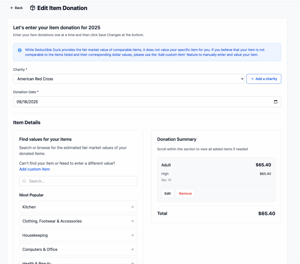 Edit Item Donations of Deductible Duck