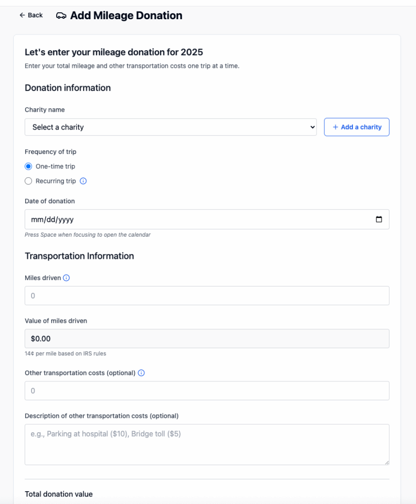 Add Mileage Donation of Deductible Duck