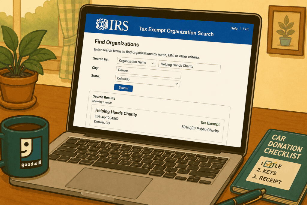 Verifying a car donation charity in the IRS Tax Exempt Organization Search.