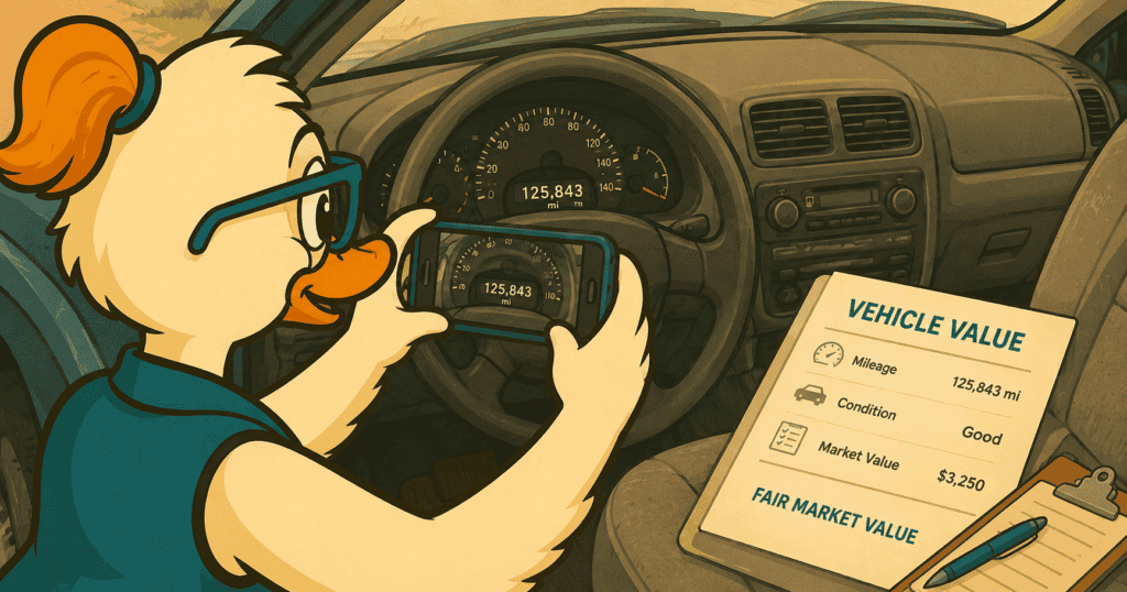 Documenting mileage and condition for a car donation fair market value claim.