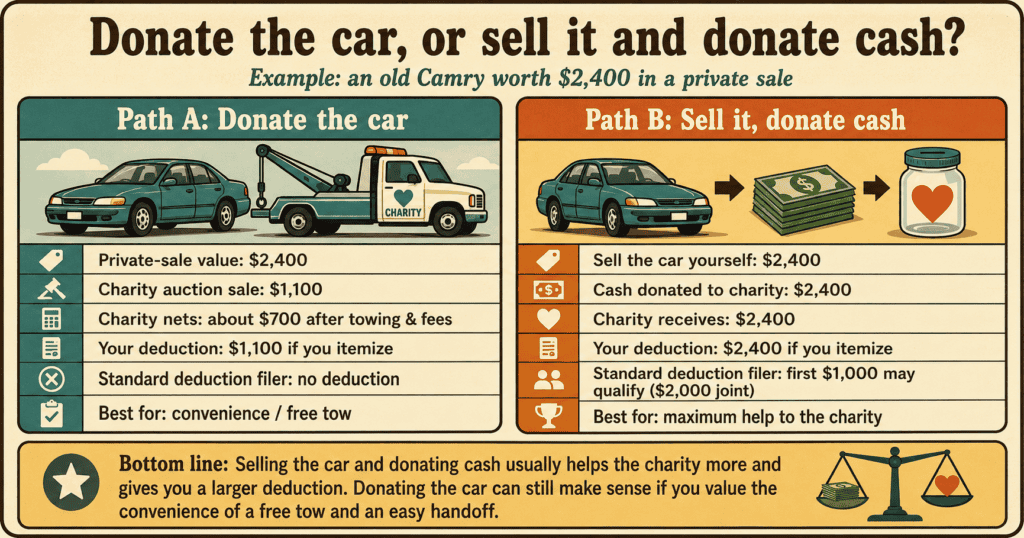 Comparing a car donation tax deduction to selling the car and donating cash.