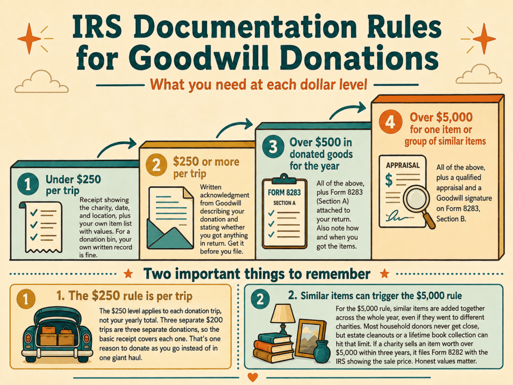 IRS documentation requirements for Goodwill donations at each dollar level.