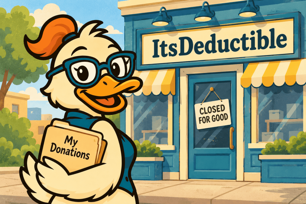 ItsDeductible login page closed, Dee Duck holding a folder of donation records